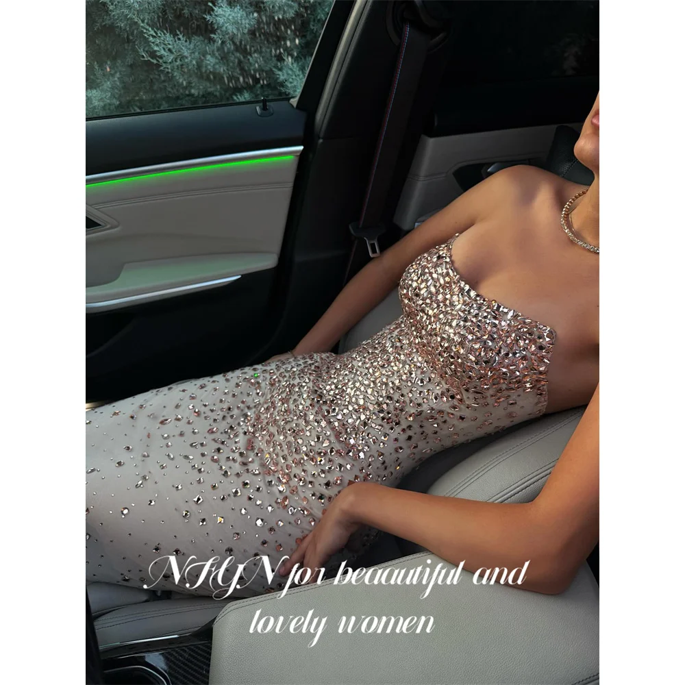 

NFYN Champagne Prom Dresses Strapless Sleeveless Gala Dresses with Crystal Wrap Hips Saudi Arabic Evening Party Gown Customized