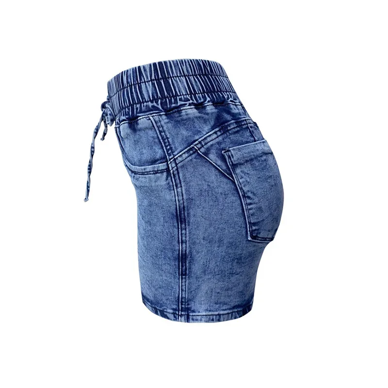 Women Stretch Lace-up Elastic Waist Denim Shorts Summer High-Waist Three Quarter Pants Female Casual Mini Tight Straight Jeans 4