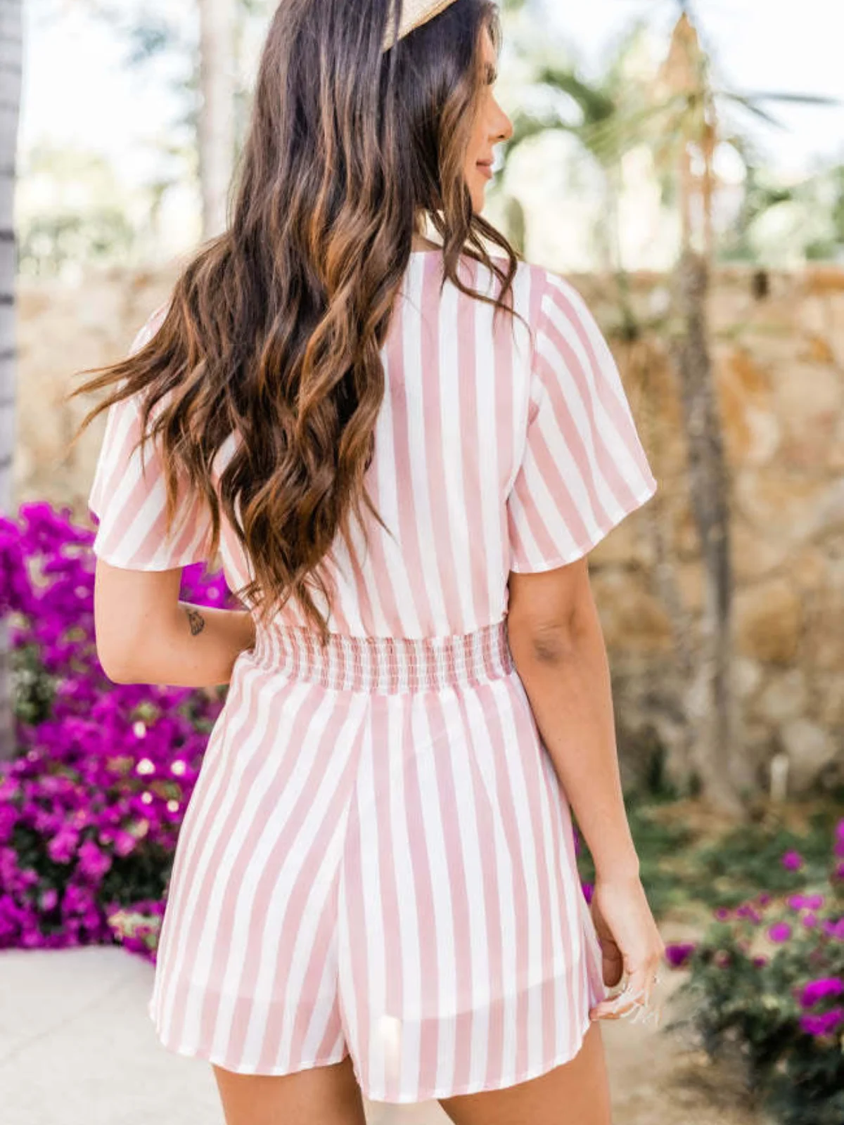 Women‘s Deep V Neck Vintage Stripe Short Romper Summer Loose Playsuit Sexy Cute Bow Tie Playsuit Female Clothing Jumpsuits