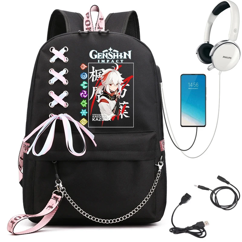 Hot Game Genshin Impact Kaedehara Kazuha Backpacks Students School Bag Teens Daily USB Charge Rucksack Boys Girls Travel Mochila