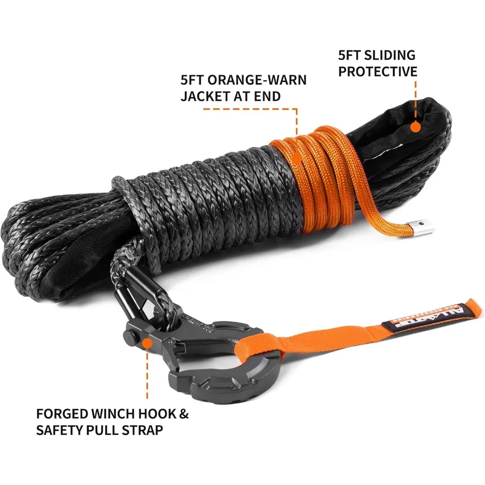 حبل ونش صناعي مع خطاف وعازل، 1/4 بوصة × 50 قدم، مجموعة استبدال UHMWPE بسعة 9500 رطل، بما في ذلك الخطاف المزروق