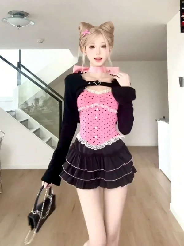 

Pink Polka Dot Y2K Sexy Sweet And Spicy Women's Group Style Top with Shawl Cardigan And Puffy Skirt Three-Piece Set Women
