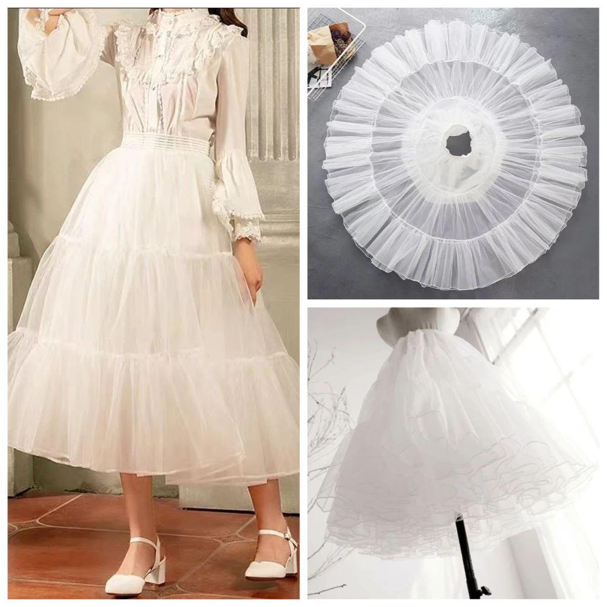 70cm Violent Poof Lolita Petticoat 4 layers Boneless Soft Mesh Crinoline Mid-Length Underskirt with Hanfu Skirt Extender Design