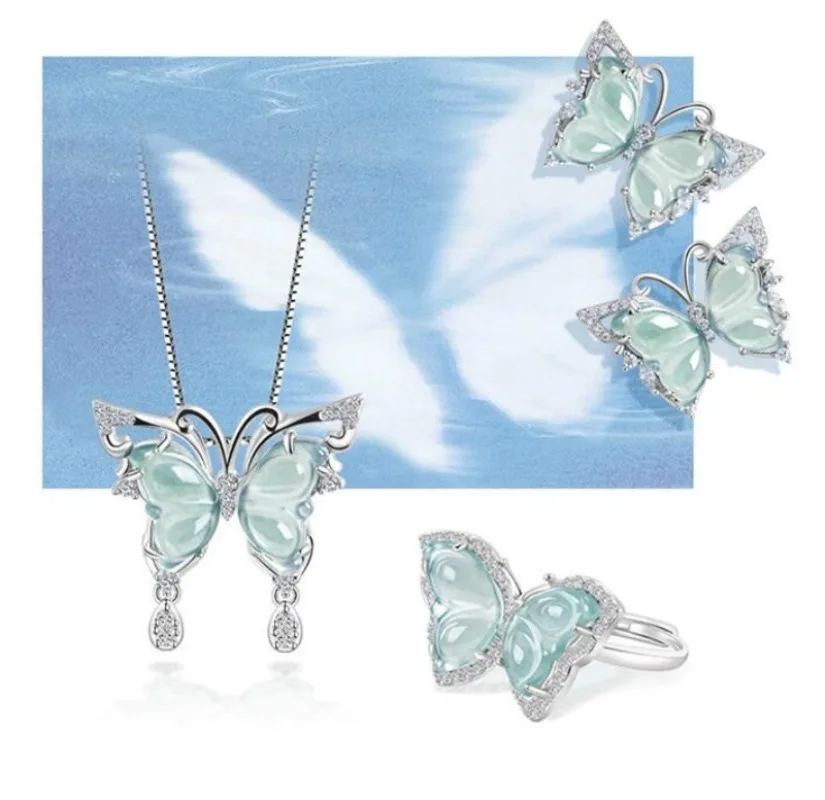 925 Silver Blue Myanmar Jadeite Butterfly Pendant Ring Earrings Luxury Charm Natural Burmese Jade Fashion Carved Real Jewelry