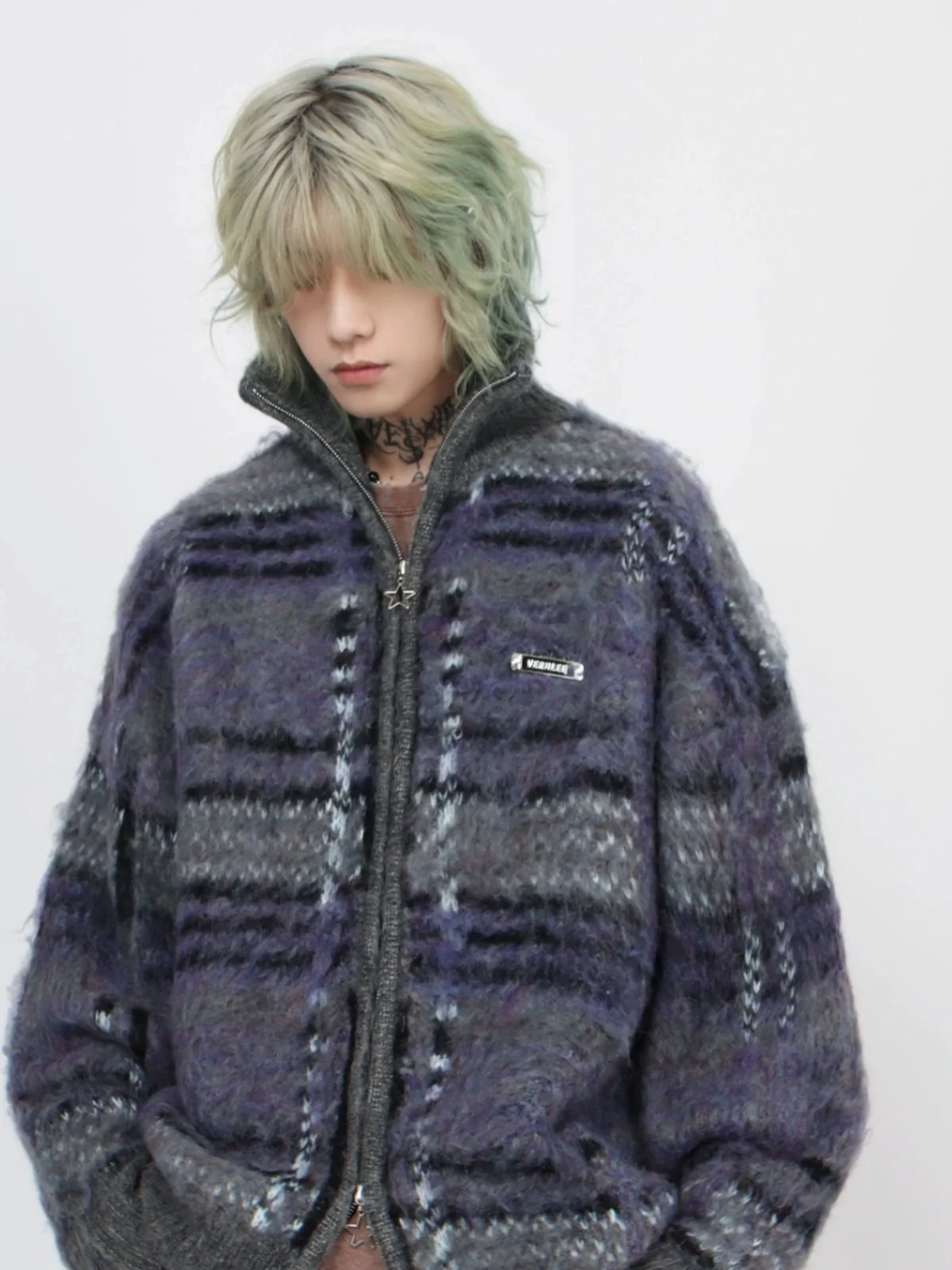 Autumn Winter American Retro Striped Stand Collar Zipper Cardigan Sweater Purple Blue Green Apricot Loose Casual Daily Sweater