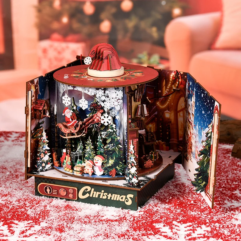 DIY 3D Wooden Christmas Music Box Cottage Jigsaw Puzzles Miniature Model Kits Puzzles for Friends Girls Birthday Gifts