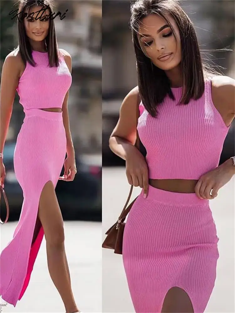 Kontturi Casual Ribbed Two 2 Piece Sets Women Outfit O Neck Sleeveless Crop Tops Pink Maxi Bodycon Split Skirt Matching Sets