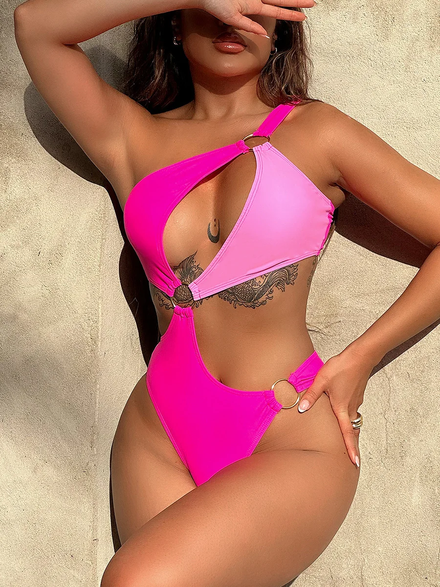 

Asymmetric Splicing One Shoulder Female Swimwear One Piece Swimsuit Women Monokini High Cut Out Bathing Suit Swim Beach wear