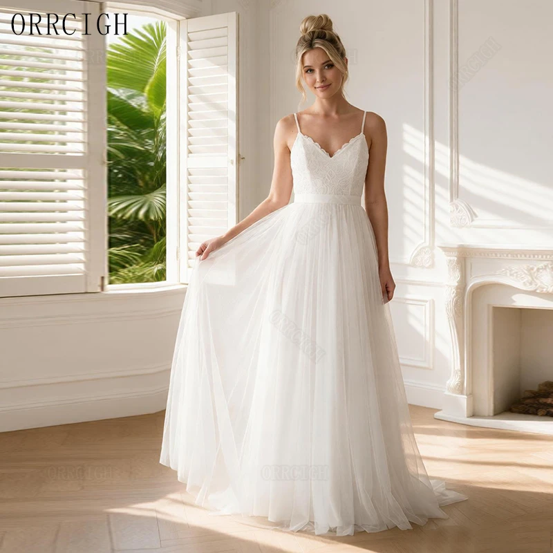 Simple Tulle Wedding Dresses for Bride Spaghetti Strap V Neck Bridal Gown Sleeveless Floor Length Customizable Свадебное платье