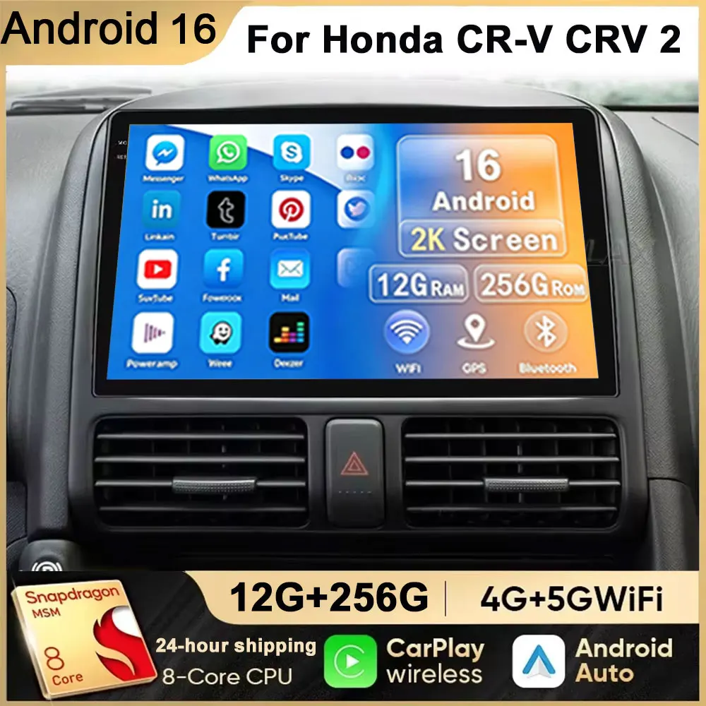 Android 16 GPS 9 inch Car Multimedia Radio Video Player for Honda CR-V CRV 2 2001 - 2006 OS 4G Bluetooth Carplay Button Lights