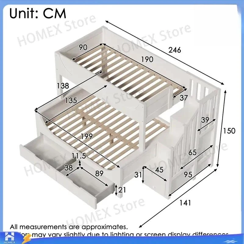 Kids Bunk Bed Solid Wood Staircase Double Bed 90x190 135x190cm with Storage Drawers White Children Bedroom Furniture Loft Bed