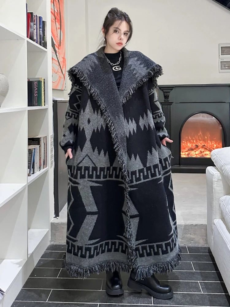 [EAM] Black Big Size Knitting Long Thtick Cardigan Sweater Loose Lapel Long Sleeve Women New Fashion Spring Autumn 2024 1DH2277