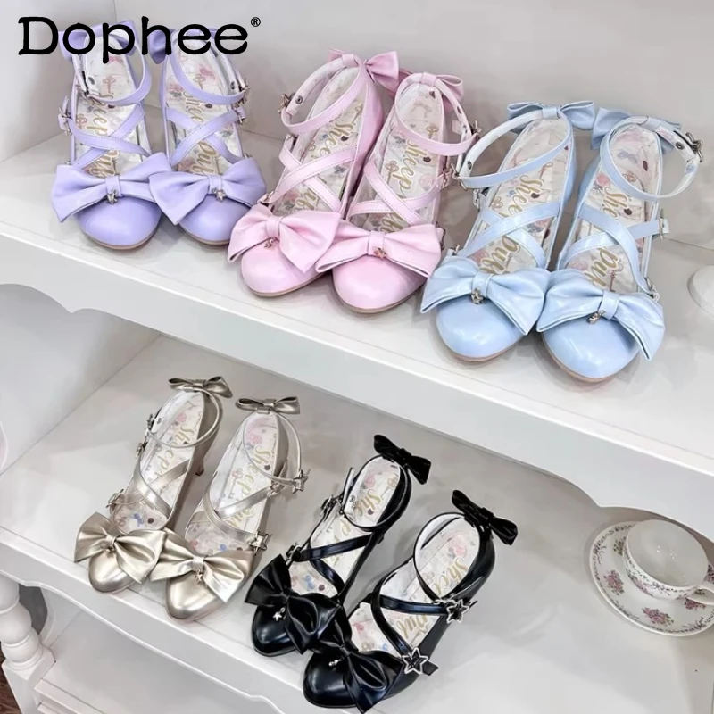 

Оригинальные милые туфли-лодочки на высоком каблуке в стиле Лолиты для девочек, весенне-осенние женские туфли Мэри Джейн с милым бантом, женские туфли на высоком каблуке для дня рождения