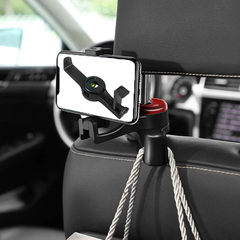 Car seat hook with phone holder, multifunctional and hidden 2-in-1 car seat hook with phone holder, universal rear headrest hook