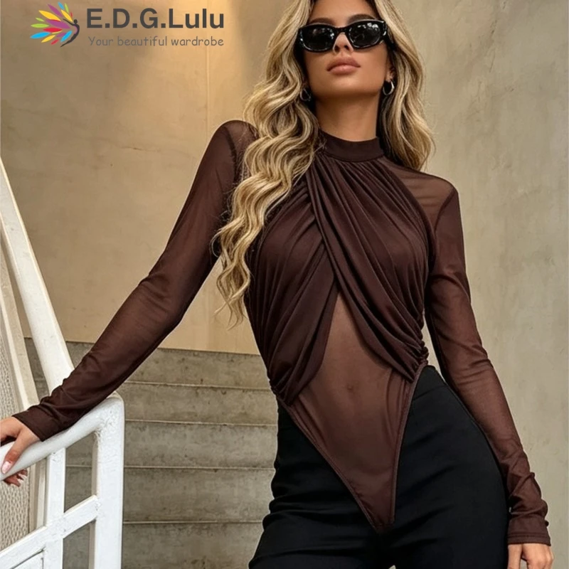 EDGLuLu Round Neck See Through Mesh Long Sleeved Short Jumpsuit Woman New Design Tight Pleated Wrap Jumpsuit Shorts 0820
