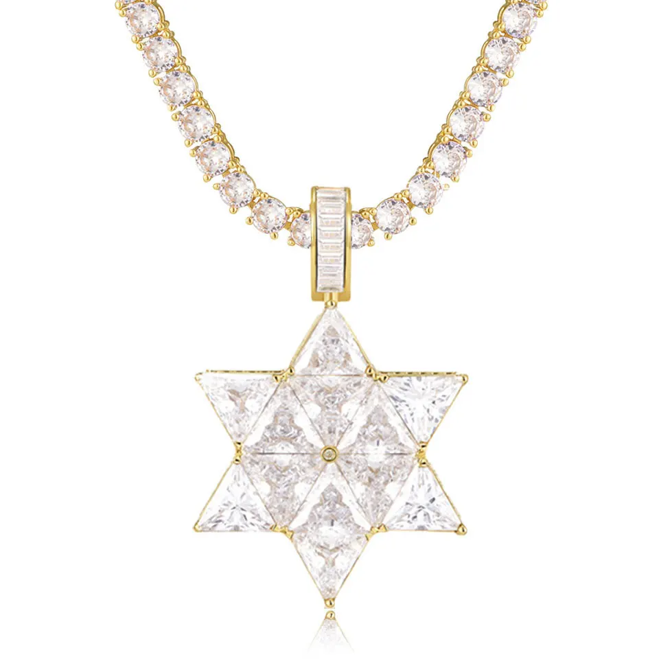 VANAXIN Iced Out Star of David Hexagram Pendants Necklace for Women Men Micro Paved CZ Zircon With Tennis Chain Jewelry