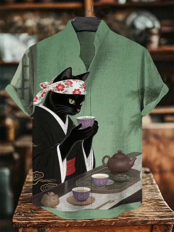 Men's Funny Black Cat Graphic Shirts 3D Print Japanese Style Hawaiian Shirt Fashion Men Women Oversized Short Sleeve Blouse Tops