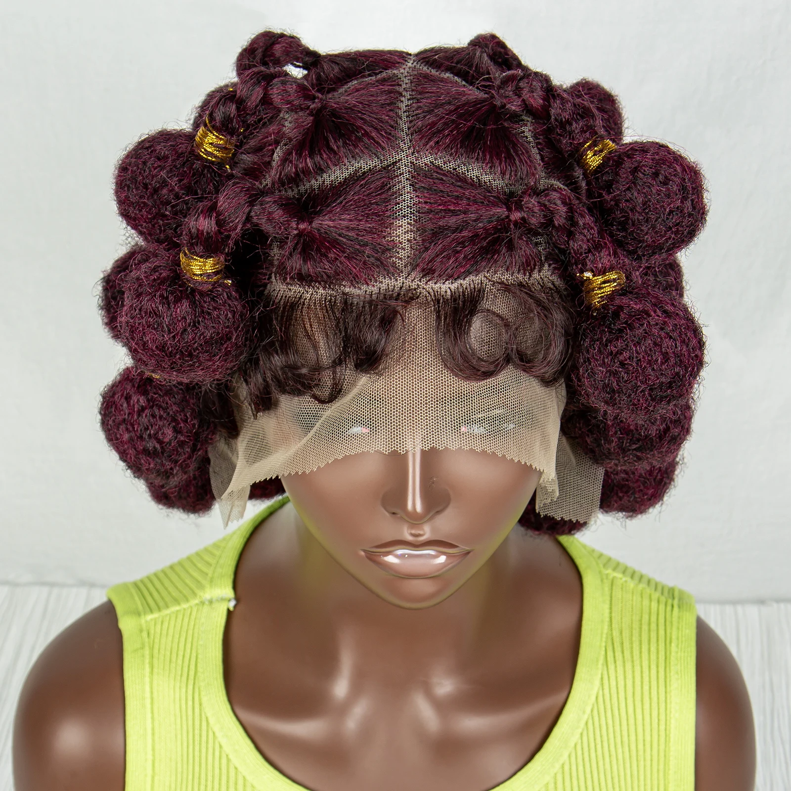 Burgundy 99J Synthetic Full Lace Handmade Bantu Braided Wigs with Baby Hair For Black Women Transparent Braiding Hair Wigs