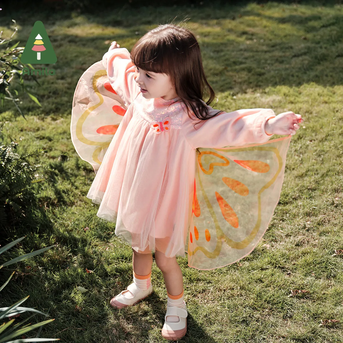 Amila Baby Girl Dress 2024 Spring New Like Butterfly Soft Comfortable Round Neck With Wings Childlike Colthing