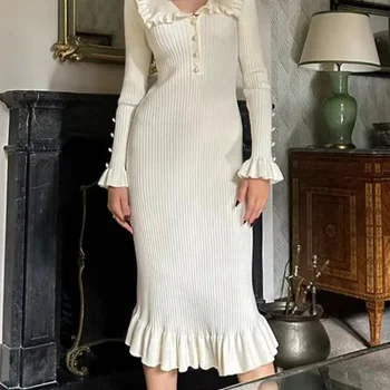 여성용 하이 웨이스트 프릴 맥시 드레스, 니트 슬림 롱 원피스, 빈티지 원피스, 레트로 우아한, 가을, 겨울, 2024 