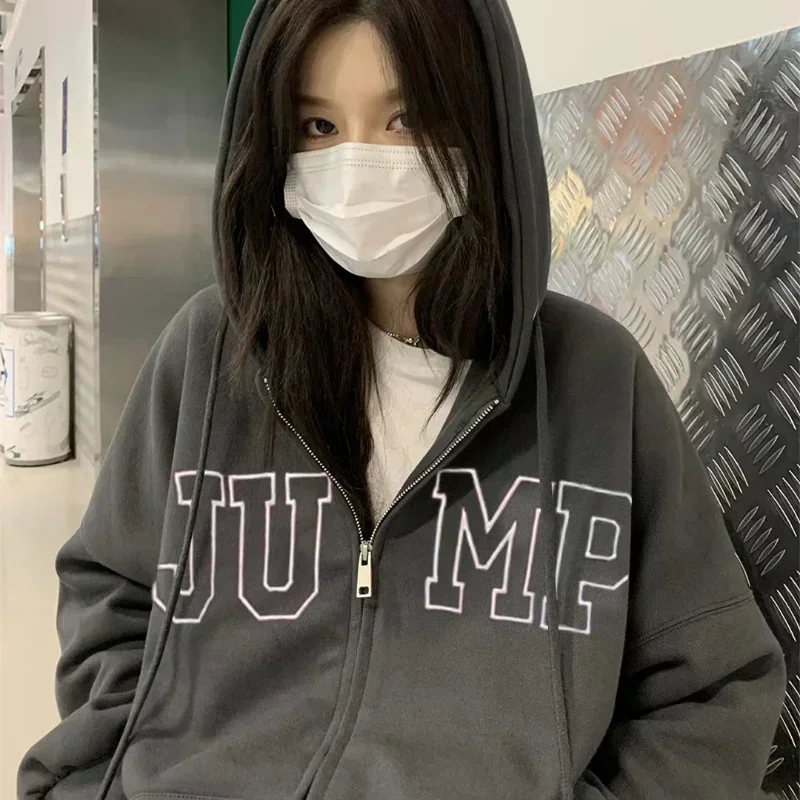 Y2k Women Letter Print Sweatshirts Winter Vintage Long Sleeve Oversized Hoodies Female Casual Zipper Jacket Coat Clothes Jacket