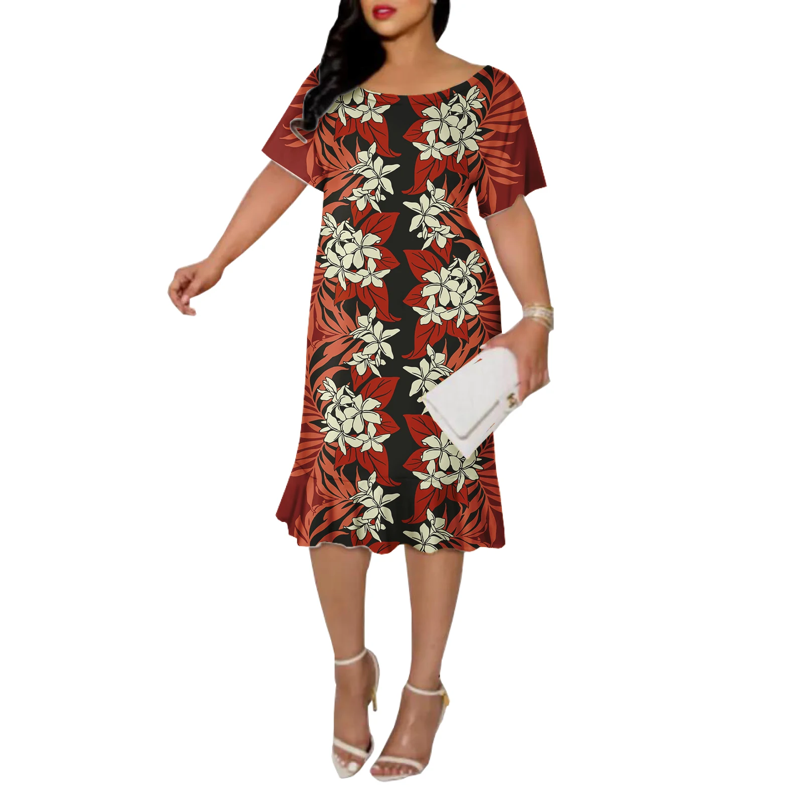 Polynesian island dresses Hawaiin Flowers Pattern Short Sleeve Short Dress  Ladies Fashion Dresses Plus Size