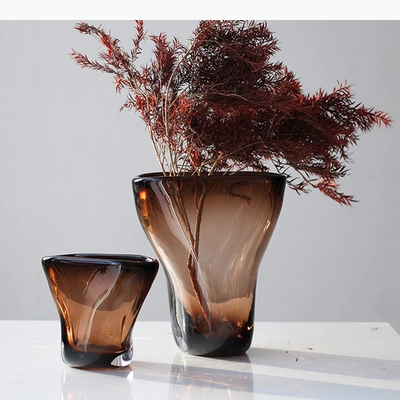 Transparent Brown Glass Vase Hydroponics Plant Pots Table Decoration Flower Arrangement Floral Vases Room Aesthetic Decor