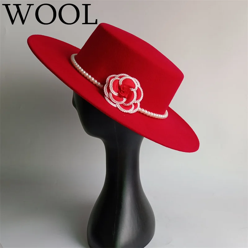 Wide Big Brim Wool Flat Formal Red Women Fedora Stage Show Felt Cap Winter Lady Catwalk Outdoor Top Hats Sombreros De Mujer