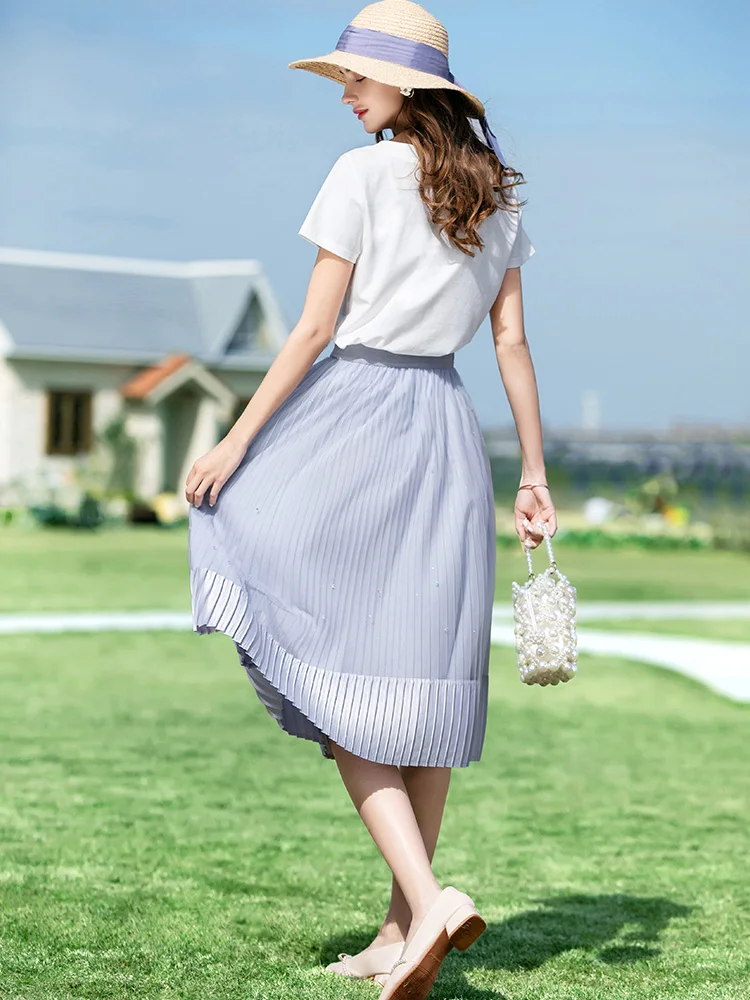 I BELIEVE YOU Solid Korean Style Skirt Summer Bright Silk Elastic Waist Pleated  Aline Skirt Calf-Length Woman Skirts 2222024511