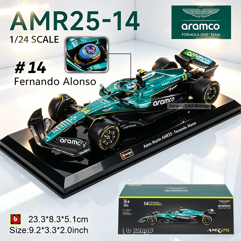 Bburago 1:24 Modelo de Coche de Aleación 14 #   Fernando Alonso 18 #   Lance Stroll F1 2025 Aston Martin AMR25, Artículo de Colección Decorativo