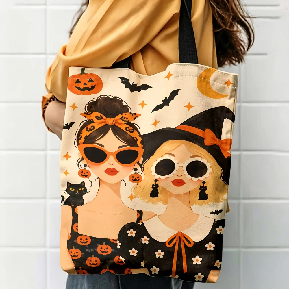 1pc 2D Printed Halloween Pumpkin Witch Pattern Shoulder Bag Tote Bag Multifunctional Trendy Lightweight Women's Shoulder Bag