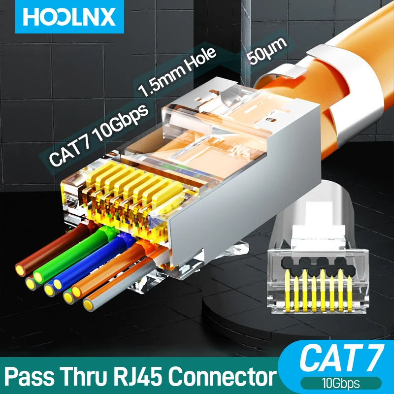 Hoolnx cat7 rj45 Pass-Through-Steck verbinder 3-polig cat6a 50u vergoldet 2-teiliger abgeschirmter Pass durch modularen Stecker für ftp/stp-Kabel