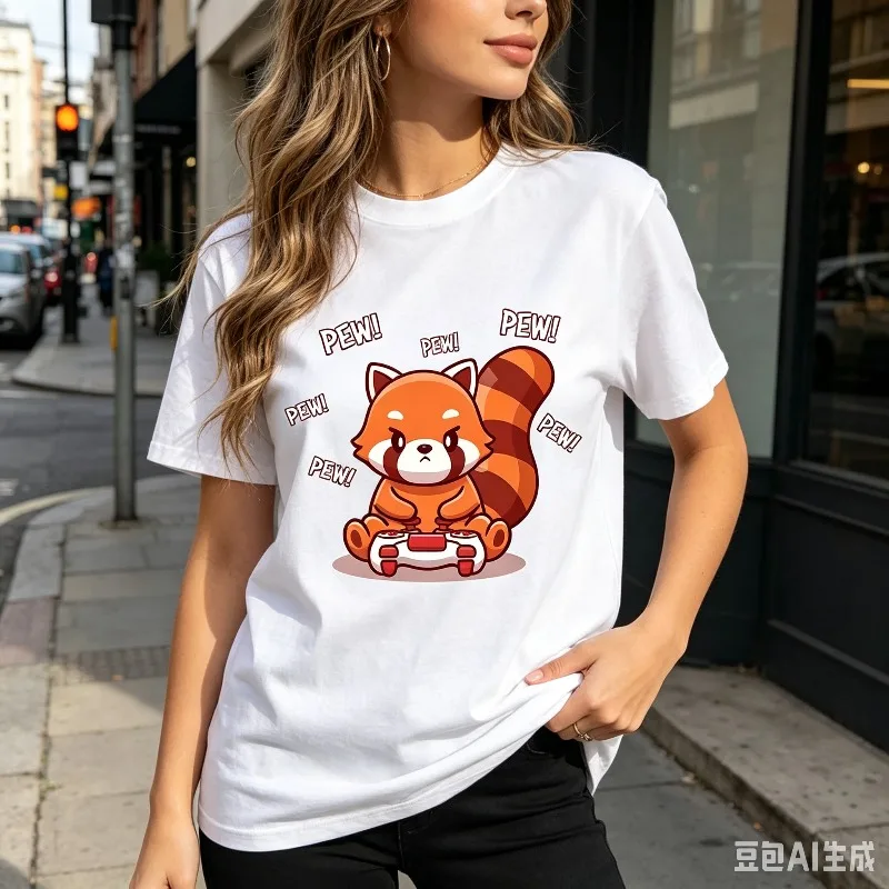 Cute Red Panda Gaming Women’s T-Shirt, PEW Sound Effect Graphic, Casual Short SleeveTee for EverydayStreet Style and Gamer Gifts