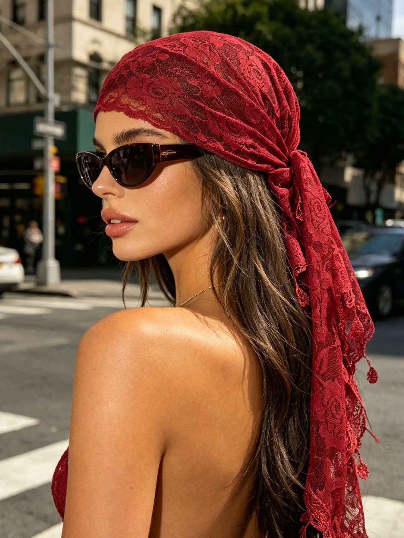 French Vintage Lace Hair Scarf,Hollow Pattern Vacation Sun P
