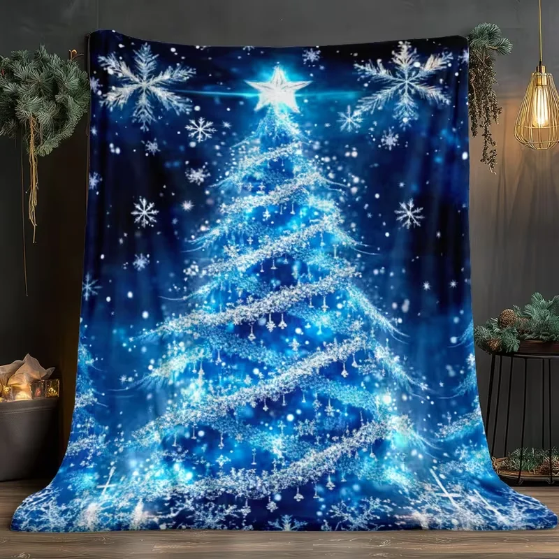 Blue Glitter Christmas Tree Blanket Snowflake Print Soft Warm Blanket for Sofa Bed Xmas Winter Holiday Home Decoration Blanket