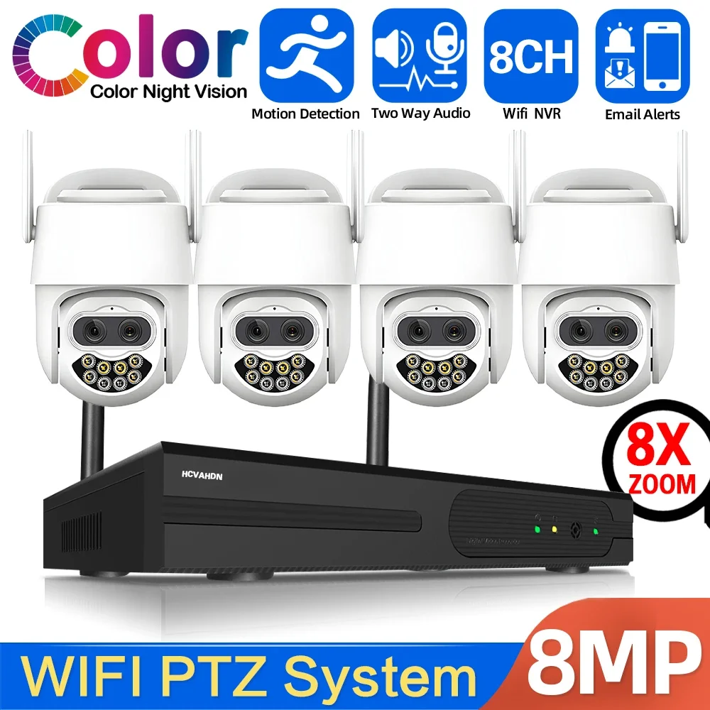 

PTZ 8MP 4CH Wireless Surveillance Security System Dual Lens Human Detection Auto Tracking 2 Way Audio 4K WIFI NVR Camera Kit P2P