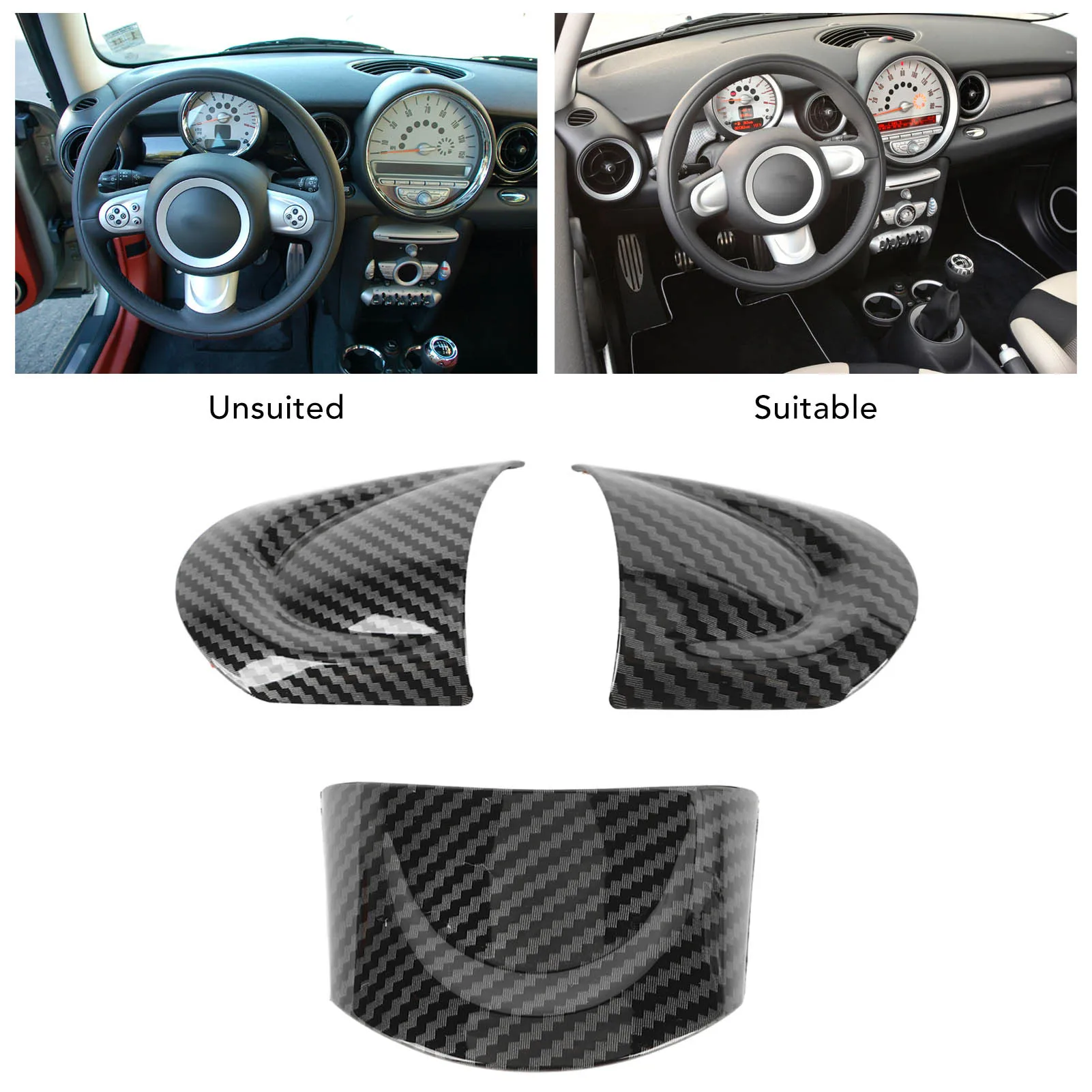 3Pcs/Set Car Steering Wheel Trim Carbon Fiber Look Interior Cover Sticker for Mini Cooper R54 R56 Clubman R55 Crossover R60