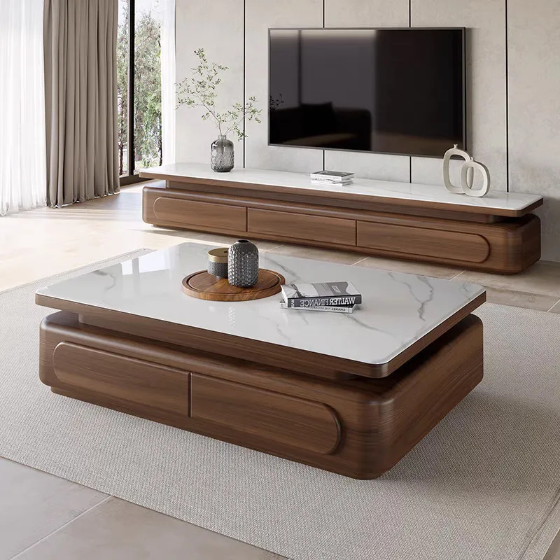 Medieval Walnut Wood Grain Rock Slab Coffee Table Living Room Simple Microcrystalline Stone Coffee Table TV Cabinet Furniture
