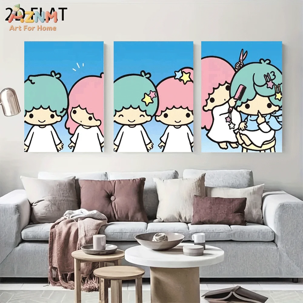 AZNM Little Twin Stars Frameless Canvas Wall Art, Cute Twin Character Cartoon Poster, Kawaii Aesthetic 2D Flat Print for Home Be