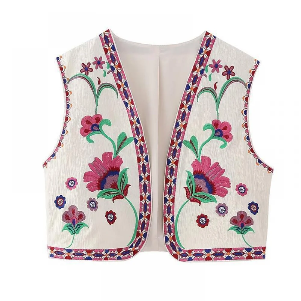 Dames Heren Volledig Geborduurd Vest Mouwloos Linnen Open Voorkant Borduurwerk Bloem Vest Outwear Gilet Blouse Top Voor Zomer