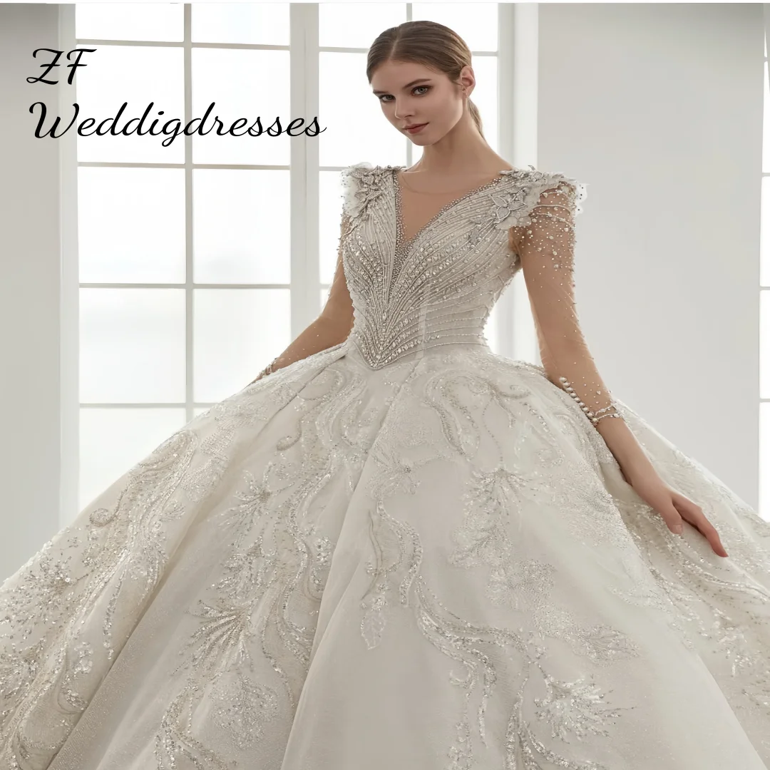 Maßgeschneidertes, langärmliges Ballkleid mit V-Ausschnitt und Perlen, luxuriöses Hochzeitskleid, Vestidos de Novia