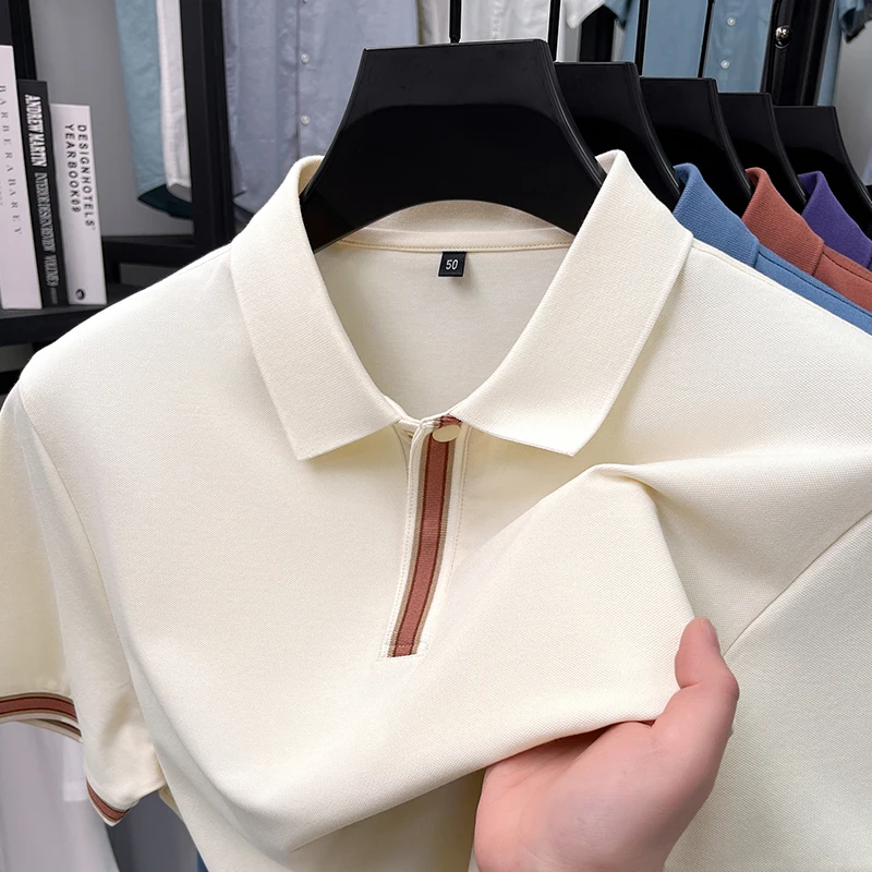 Light luxury fashion short sleeve polo shirt men unique button design comfort breathable casual high-end temperament new T-shirt
