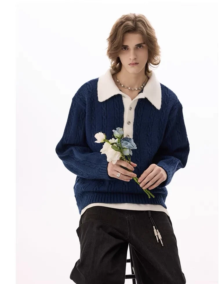 Men's winter pure cashmere leisure twisted flower color matching lapel pullover men's Joker warm.