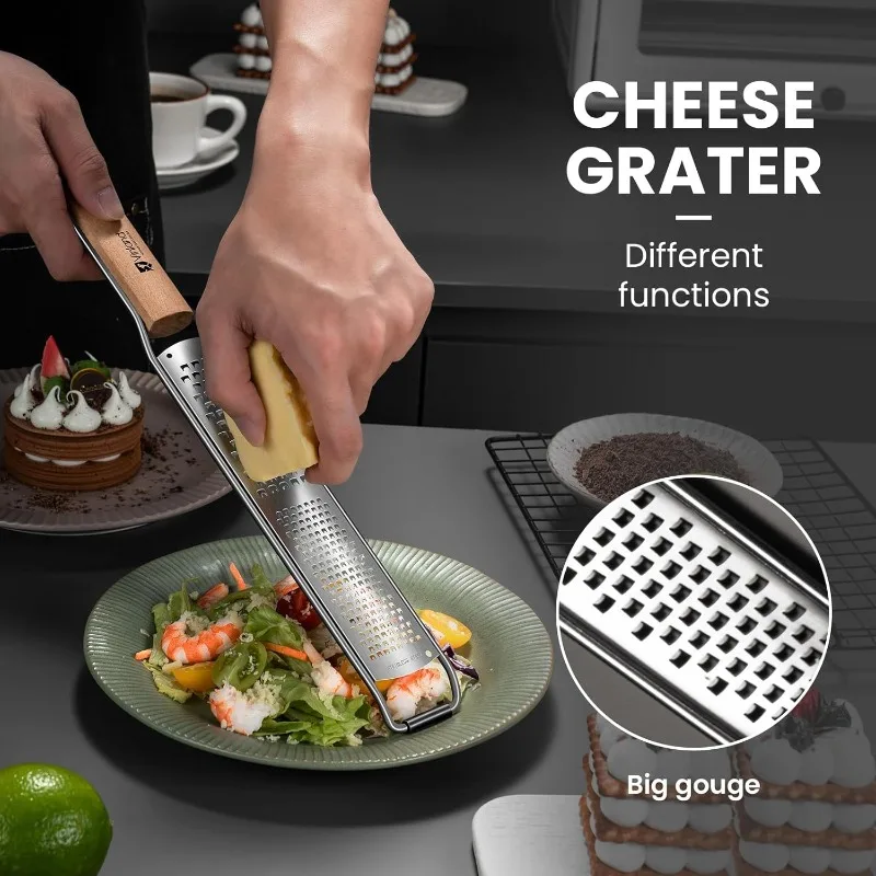 Lemon Zester & Cheese Grater Combo Stainless Steel Grater for Parmesan, Wood Handle, Garlic, Ginger, Chocolate & Fruits