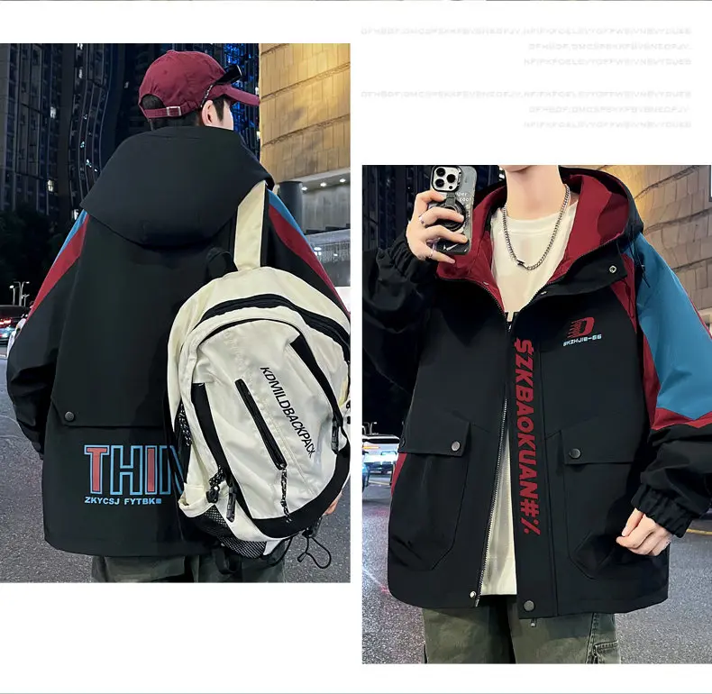 Modische Herren Freizeitjacken mit Kapuze 2026 Frühling Herbst Alltagsmantel Jugend High Street Loose Windbreaker Outdoor Oberbekleidung – Detail 15