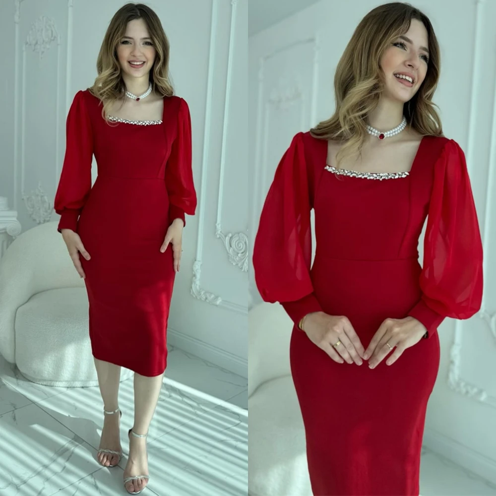 

Customized Graceful Square Collar Evening Dress and Temperament Jersey Cocktail Dresses and Fashion Long Sleeves Party Dresses