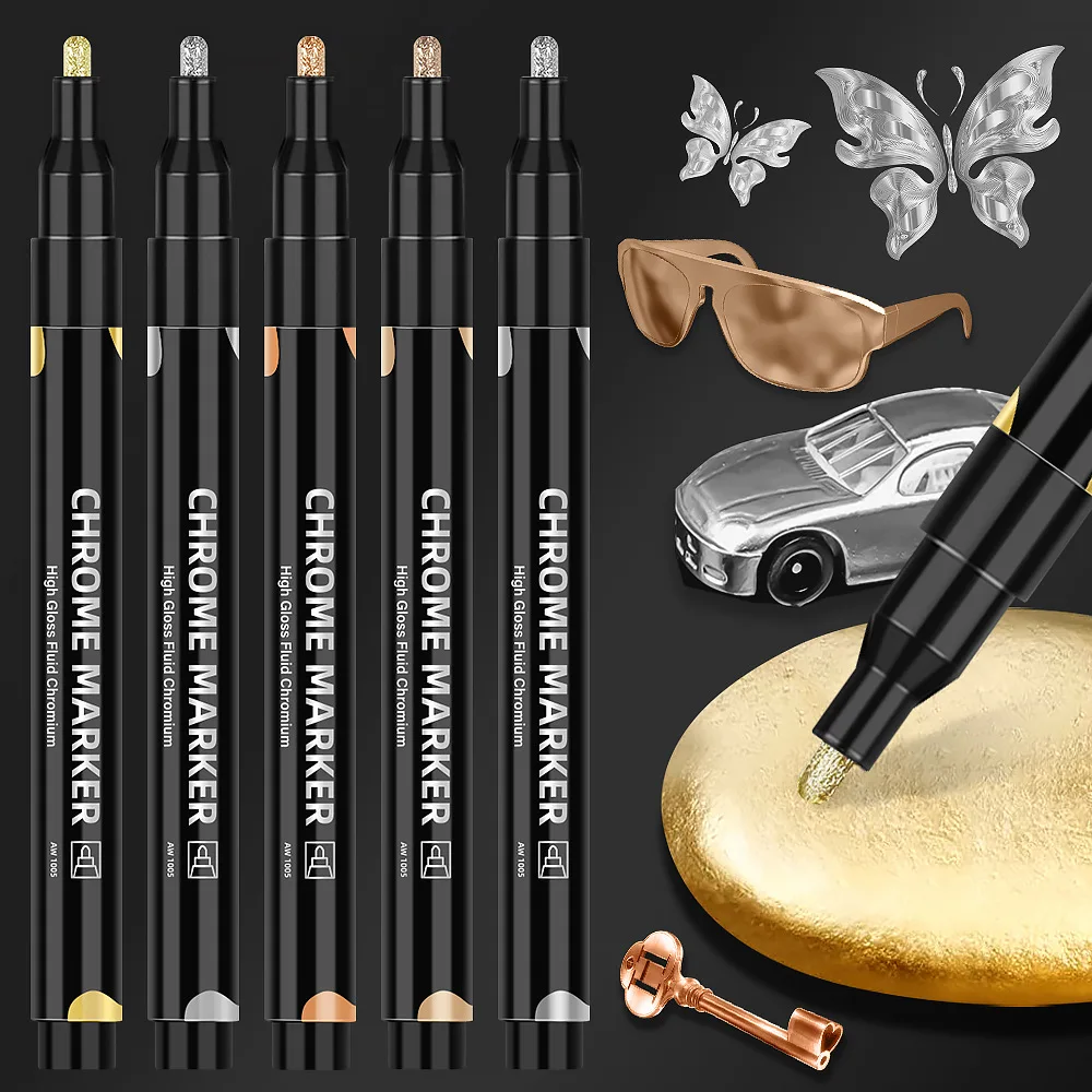1/5/20pcs Chrome Pen Marker Mirror Waterproof DIY Reflective Paint Repair for Rock Ceramic Glass Metallic Gold/Silver 5 Colors
