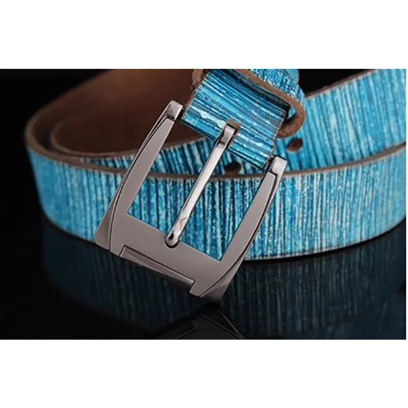 Genuine Leather Unisex 3.5 cm wide Cow Skin Belt Women Blue Jeans Color Vintage Style Silver Pin Buckle Adjustable Length