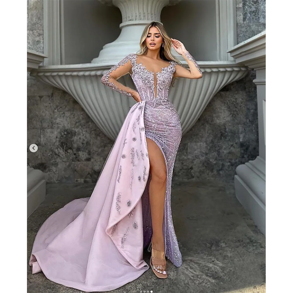 Pink Long sleeved Split Evening Dress New Fashionable and Elegant Decal Ladies Formal Occasion Gown vestidos de noche