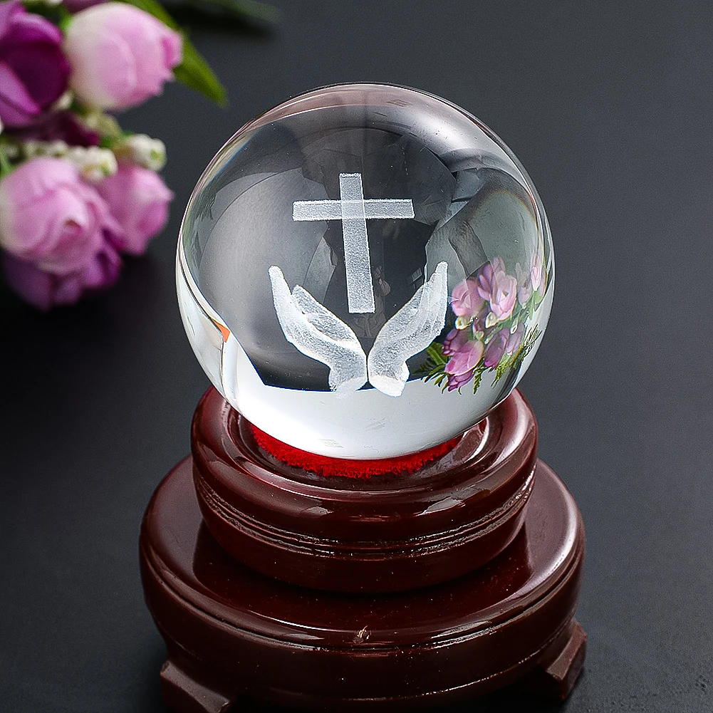 Christian Jesus Cross Crystal Ball Church Figurine 3D Laser Engrave Ball Religious Christian Gifts Glass Paperweight Home Decor